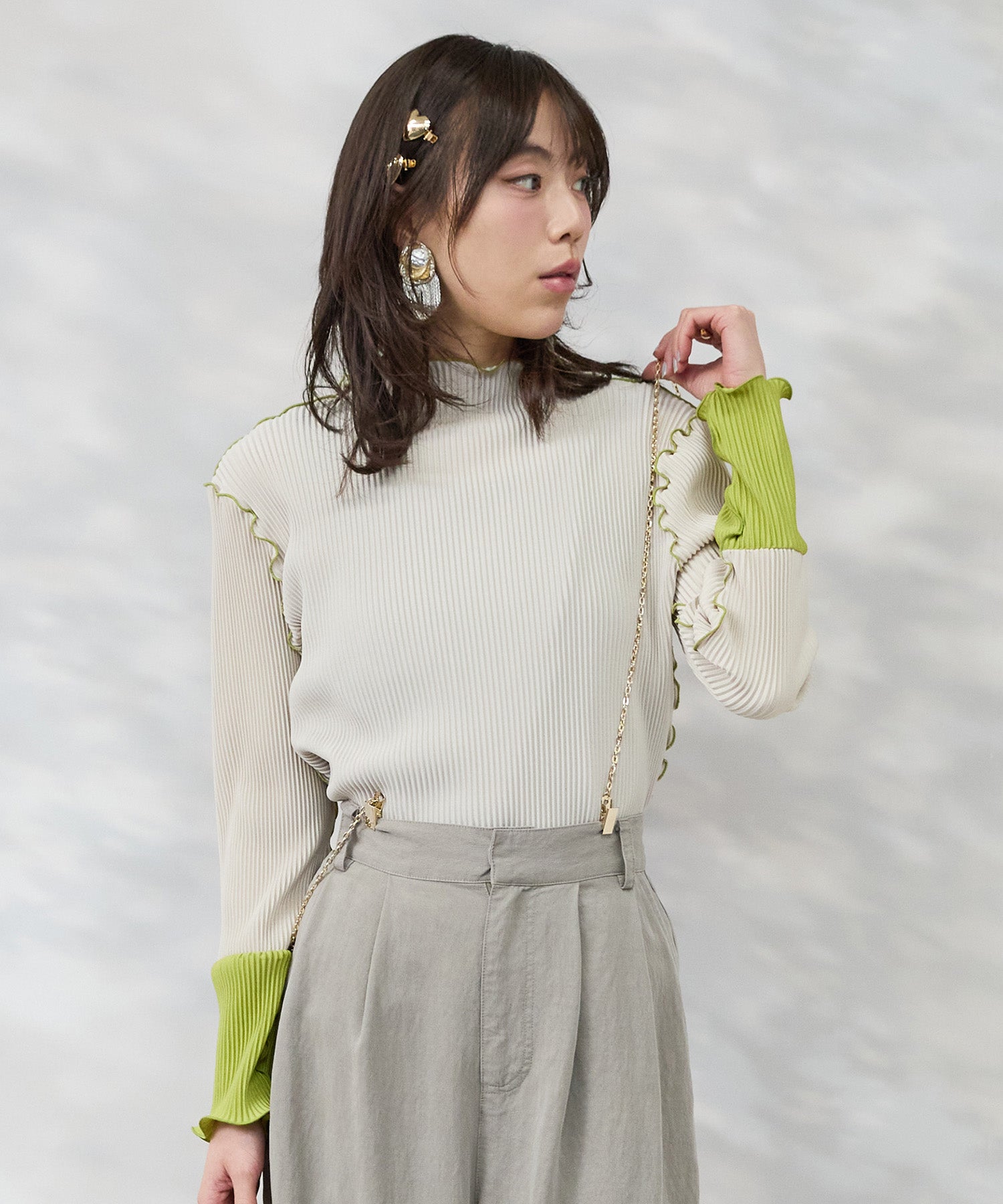 カットソー レディース シアー ちびハイネック インナー トップス 袖先配色