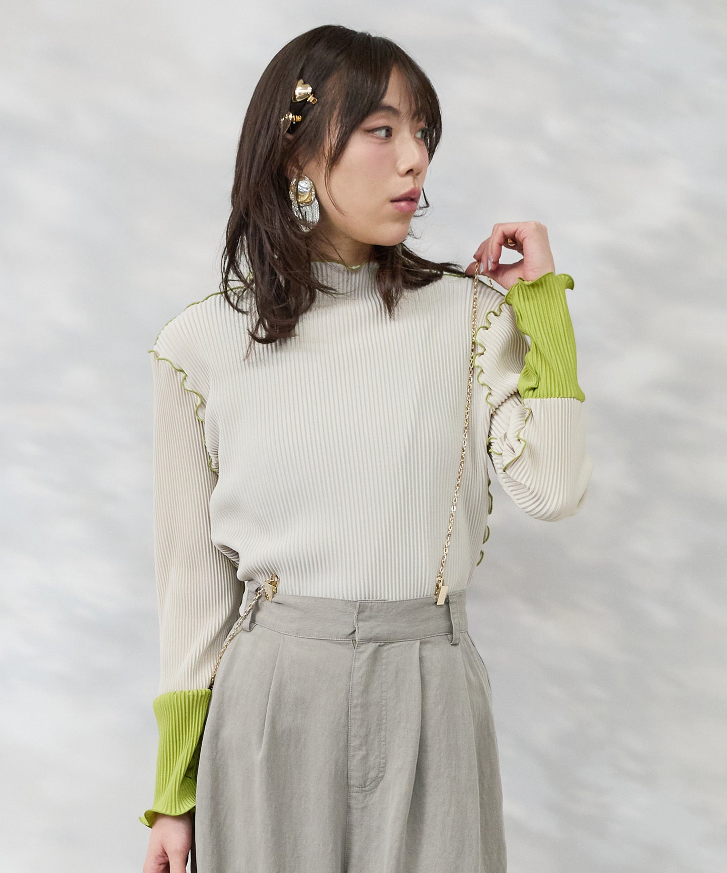 カットソー レディース シアー ちびハイネック インナー トップス 袖先配色