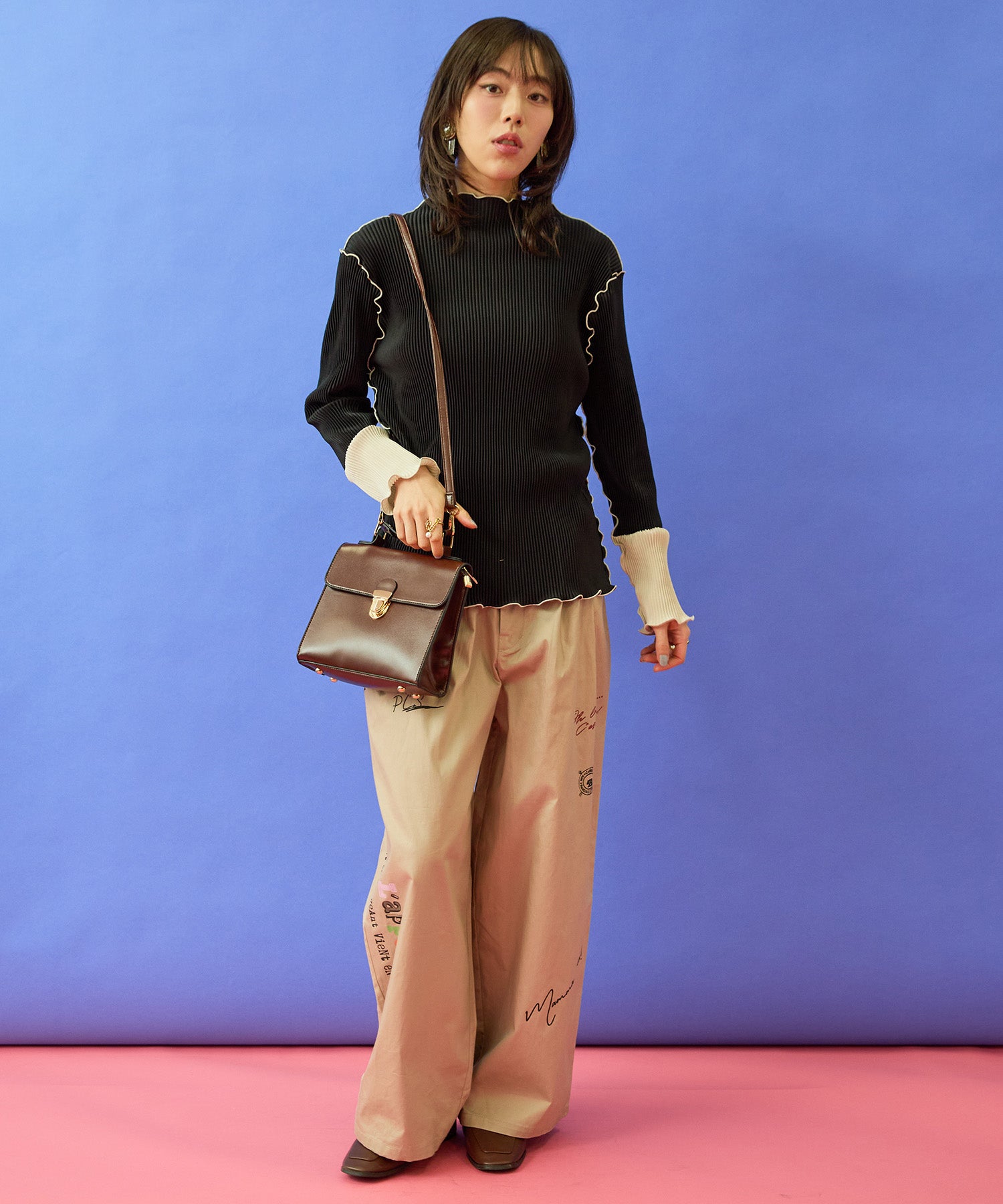 【FONT LAB】プリーツちびハイネックバイカラーカットソー