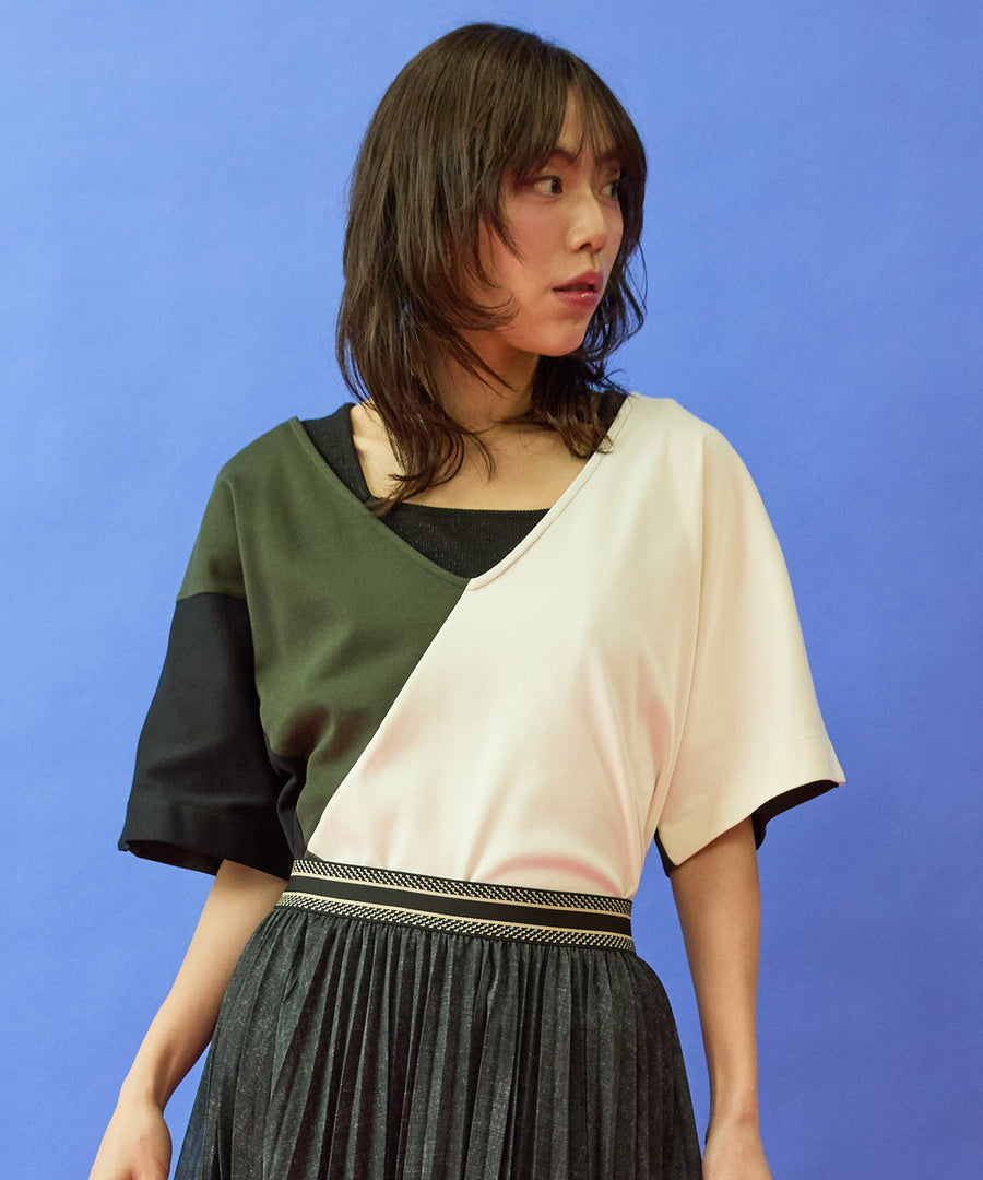 【SKFK】カラーブロック深VネックTシャツ