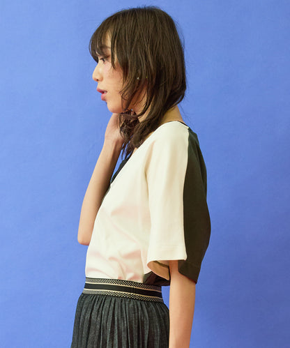 【SKFK】カラーブロック深VネックTシャツ