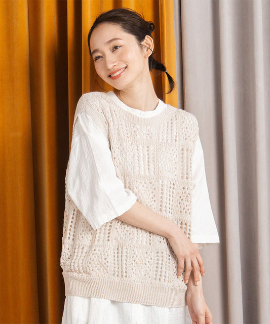 54-1330　〈MADE IN JAPAN〉【抗菌防臭・吸水速乾・アンチピリング】ホールガーメントブロックレース柄ニットベスト【先行予約】