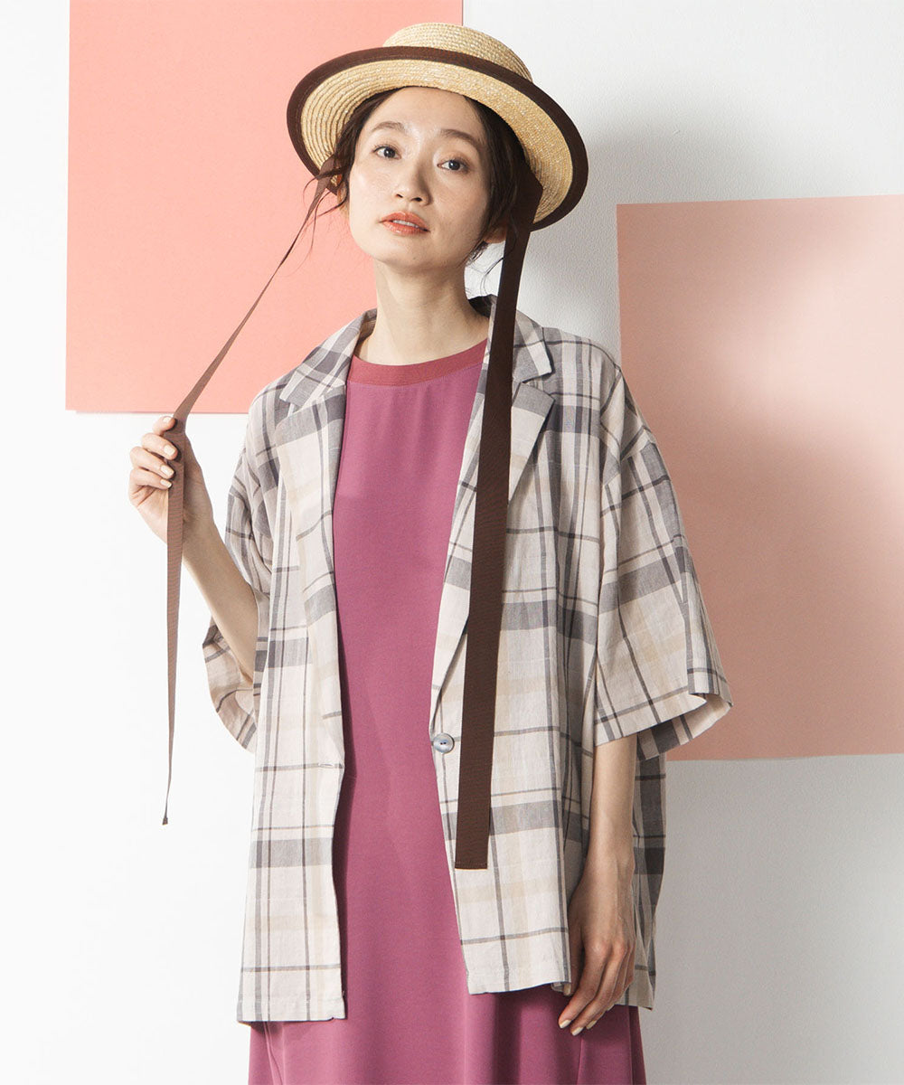 20-5472　21号(6L～) コットンリネンドビーチェックジャケット【先行予約】