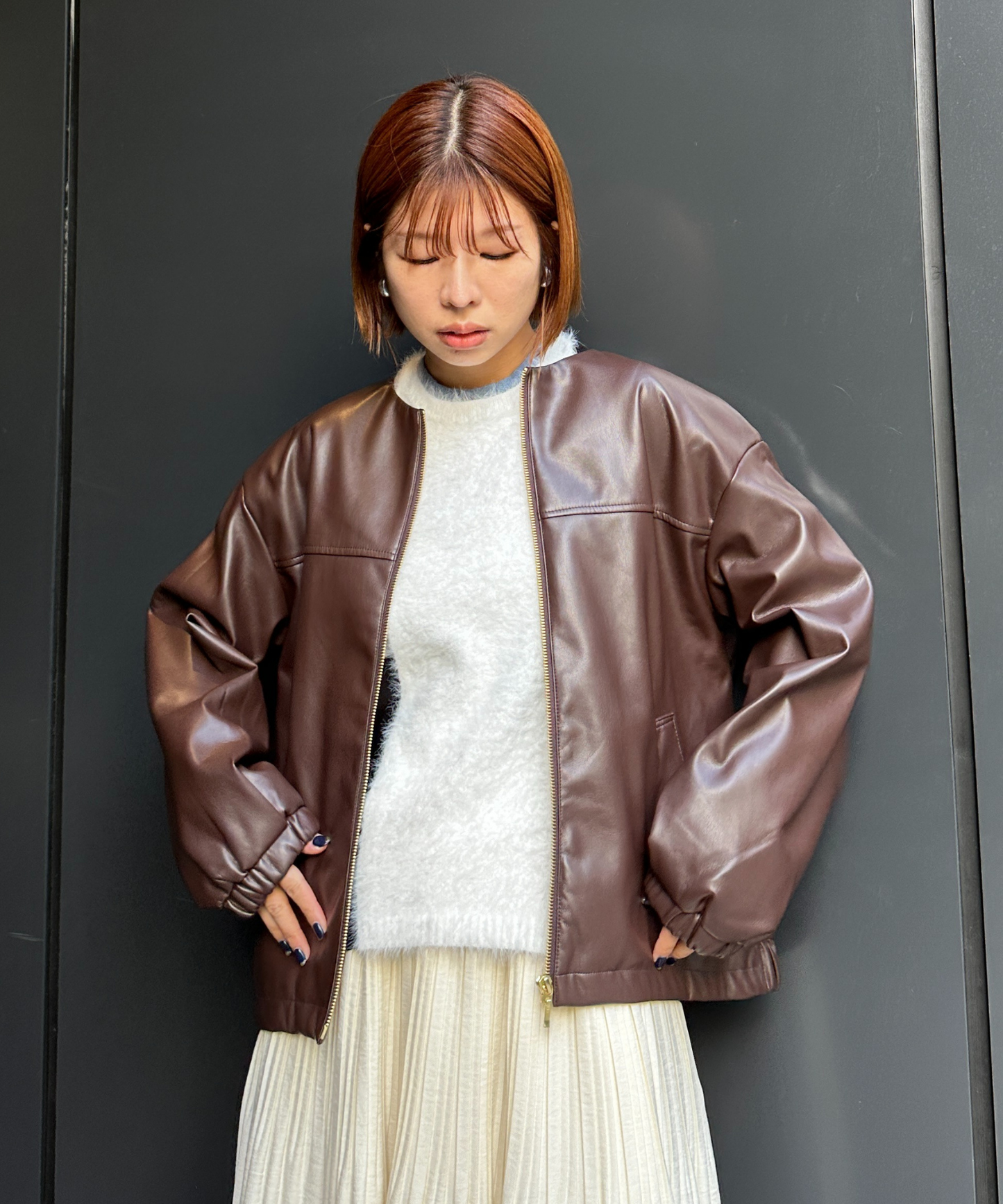 【INNOWAVE】【R】ラウンドネックフェイクレザーブルゾン