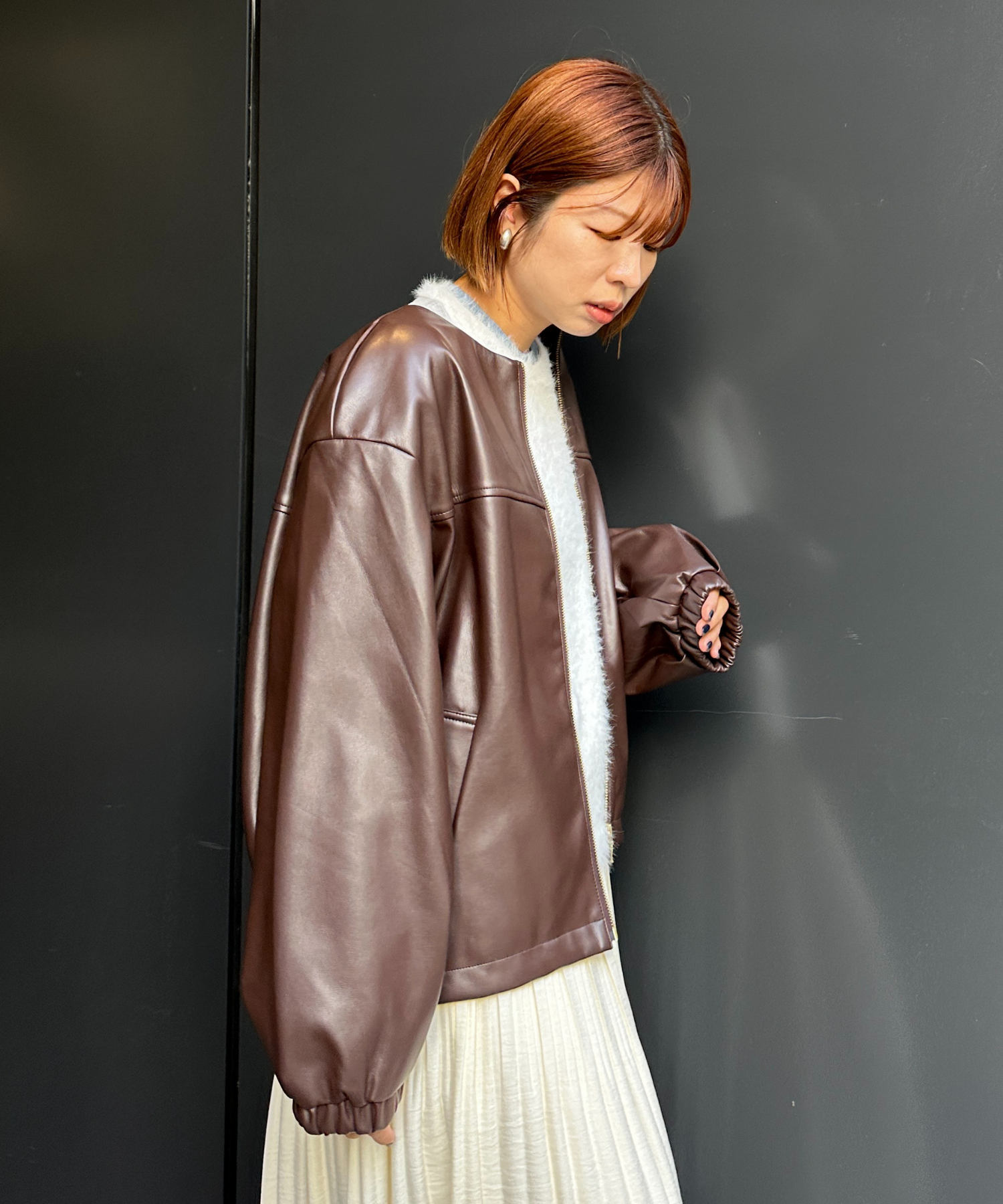 【INNOWAVE】【R】ラウンドネックフェイクレザーブルゾン