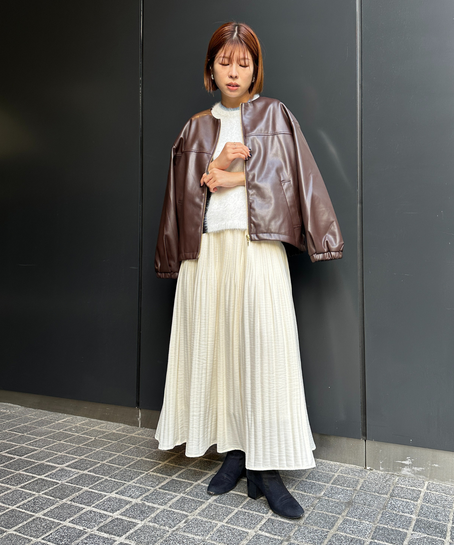 【INNOWAVE】【R】ラウンドネックフェイクレザーブルゾン