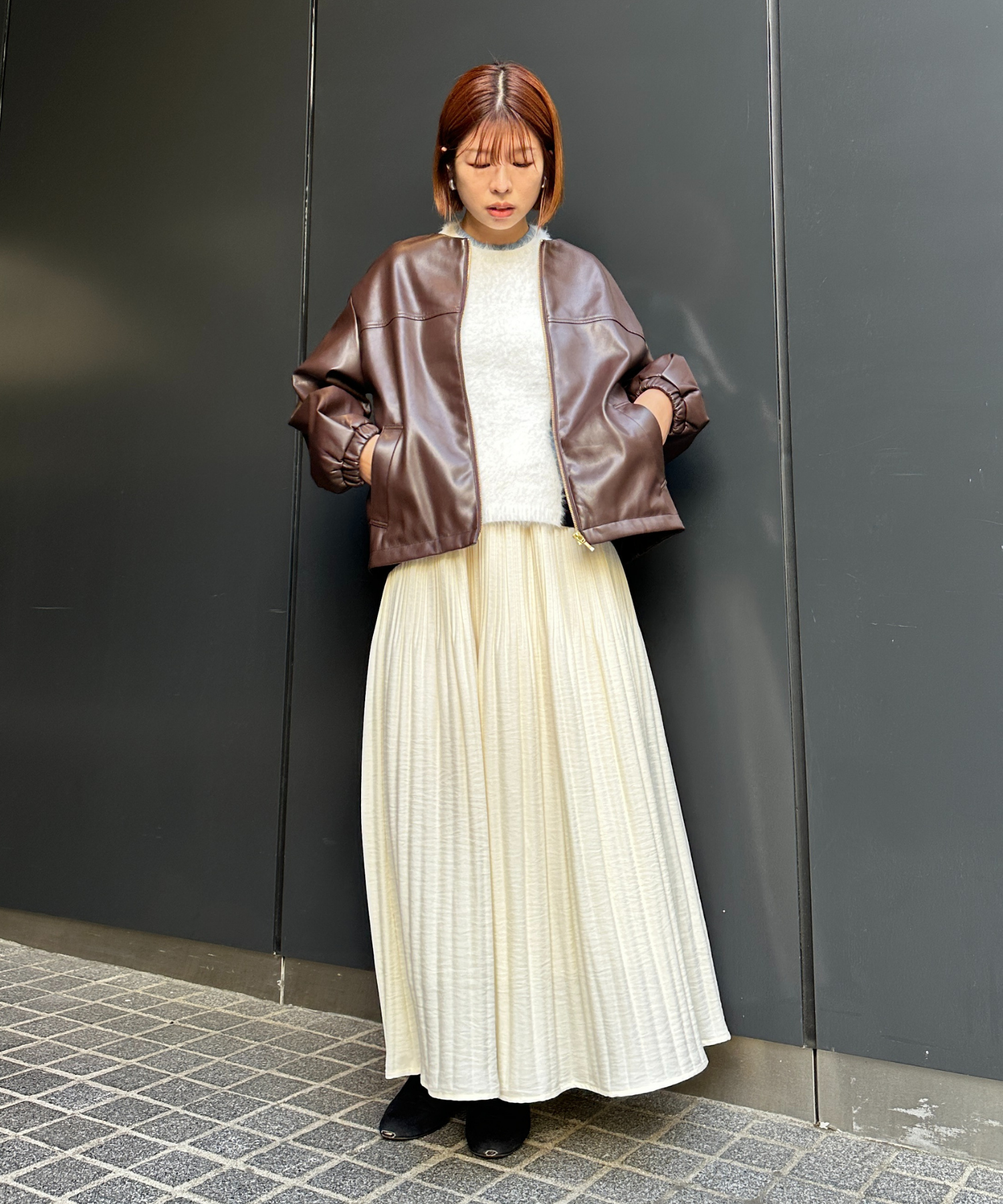 【INNOWAVE】【R】ラウンドネックフェイクレザーブルゾン