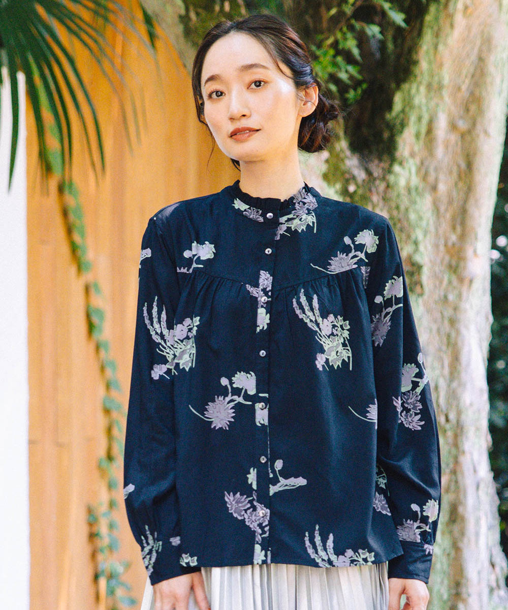 INDESIGN フラワープリントフリルカラーブラウス