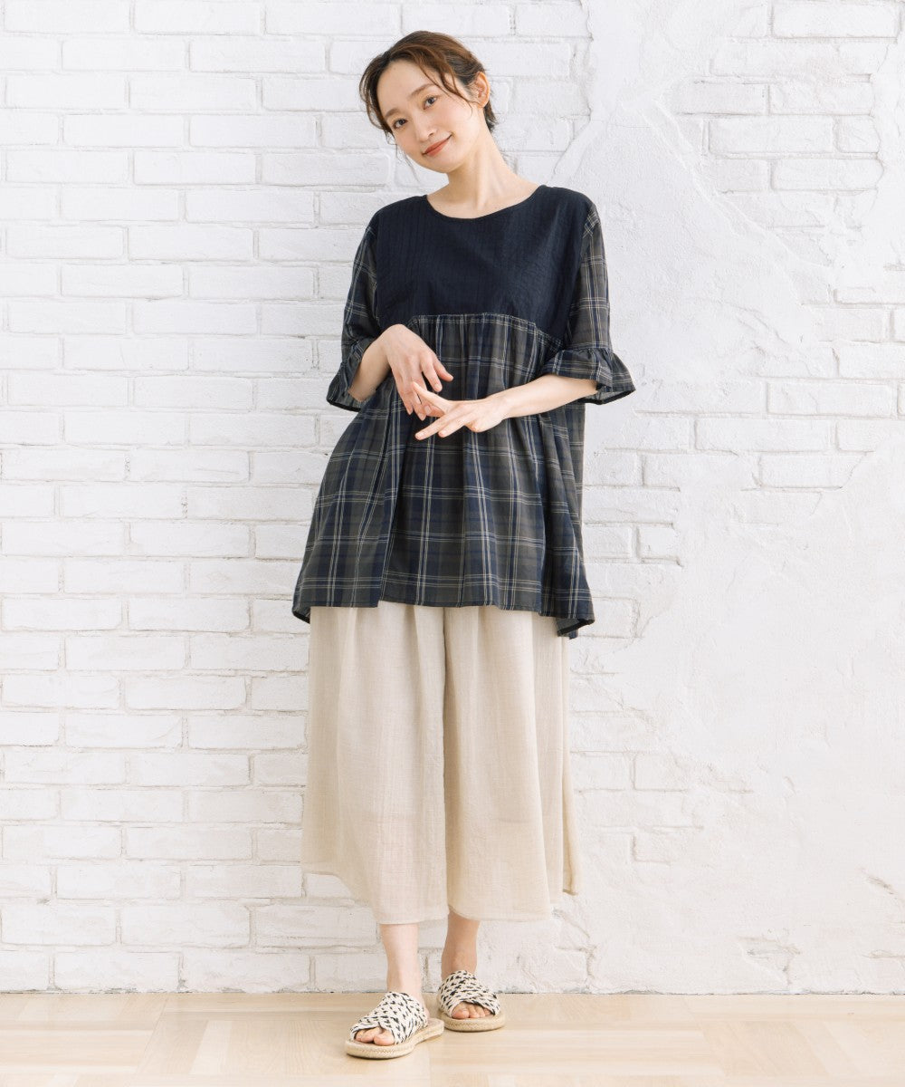 INDESIGN ソリッド×チェックパターンブラウス