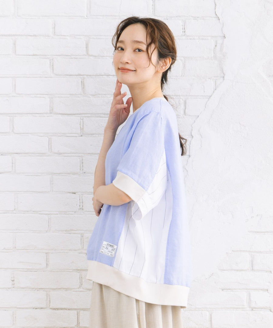 BLANC basque [Rogique]ラミー×ストライプコンビリブブラウス