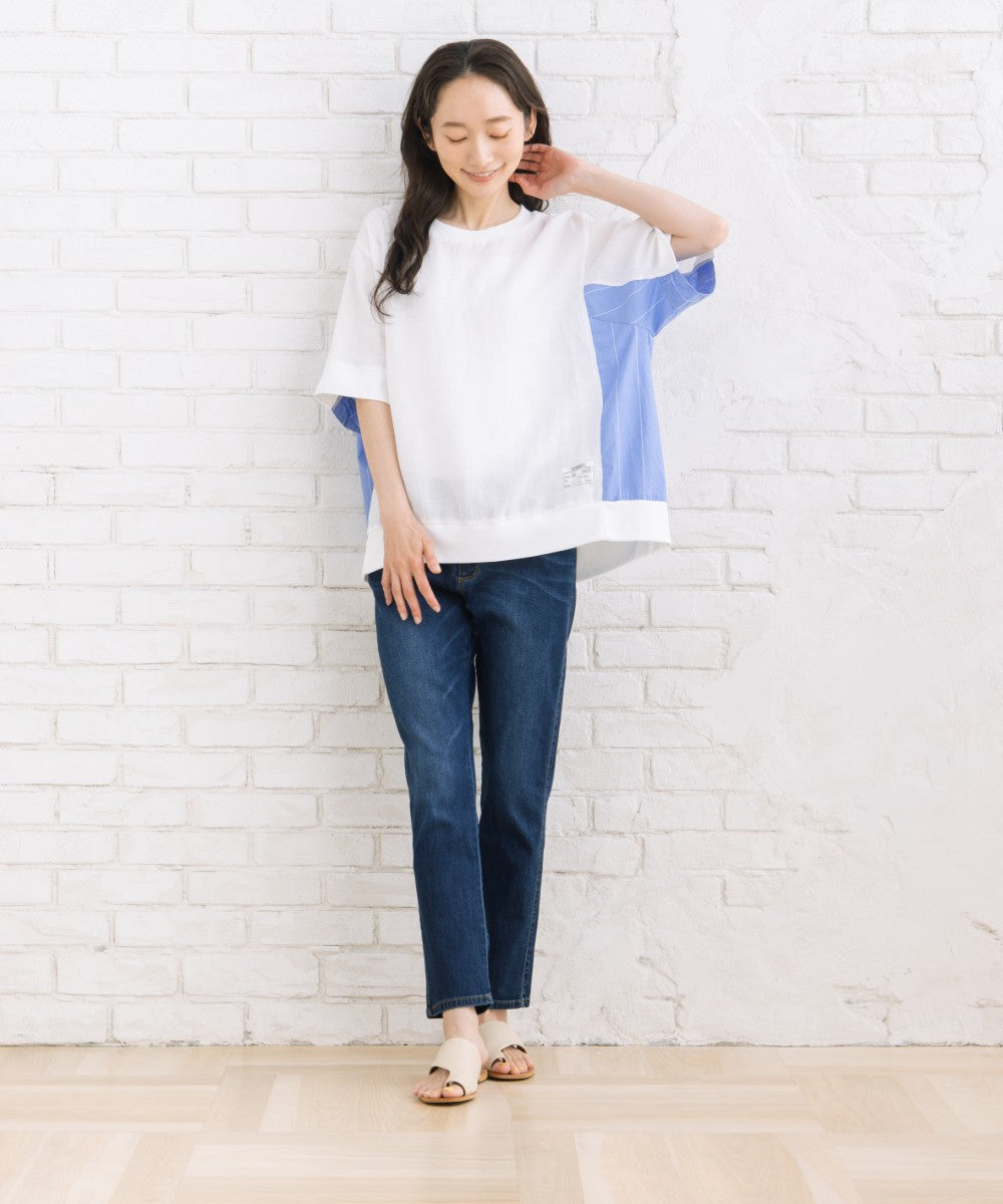 BLANC basque [Rogique]ラミー×ストライプコンビリブブラウス