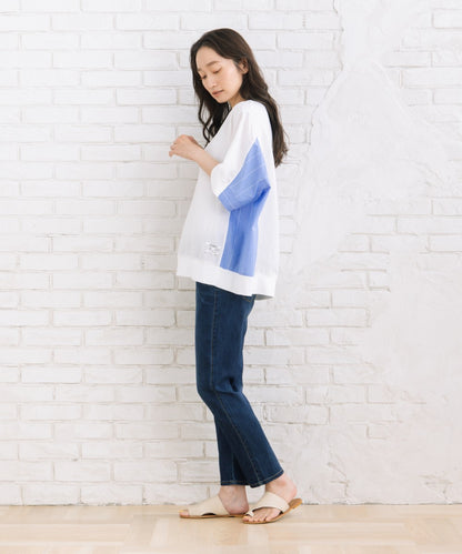 BLANC basque [Rogique]ラミー×ストライプコンビリブブラウス
