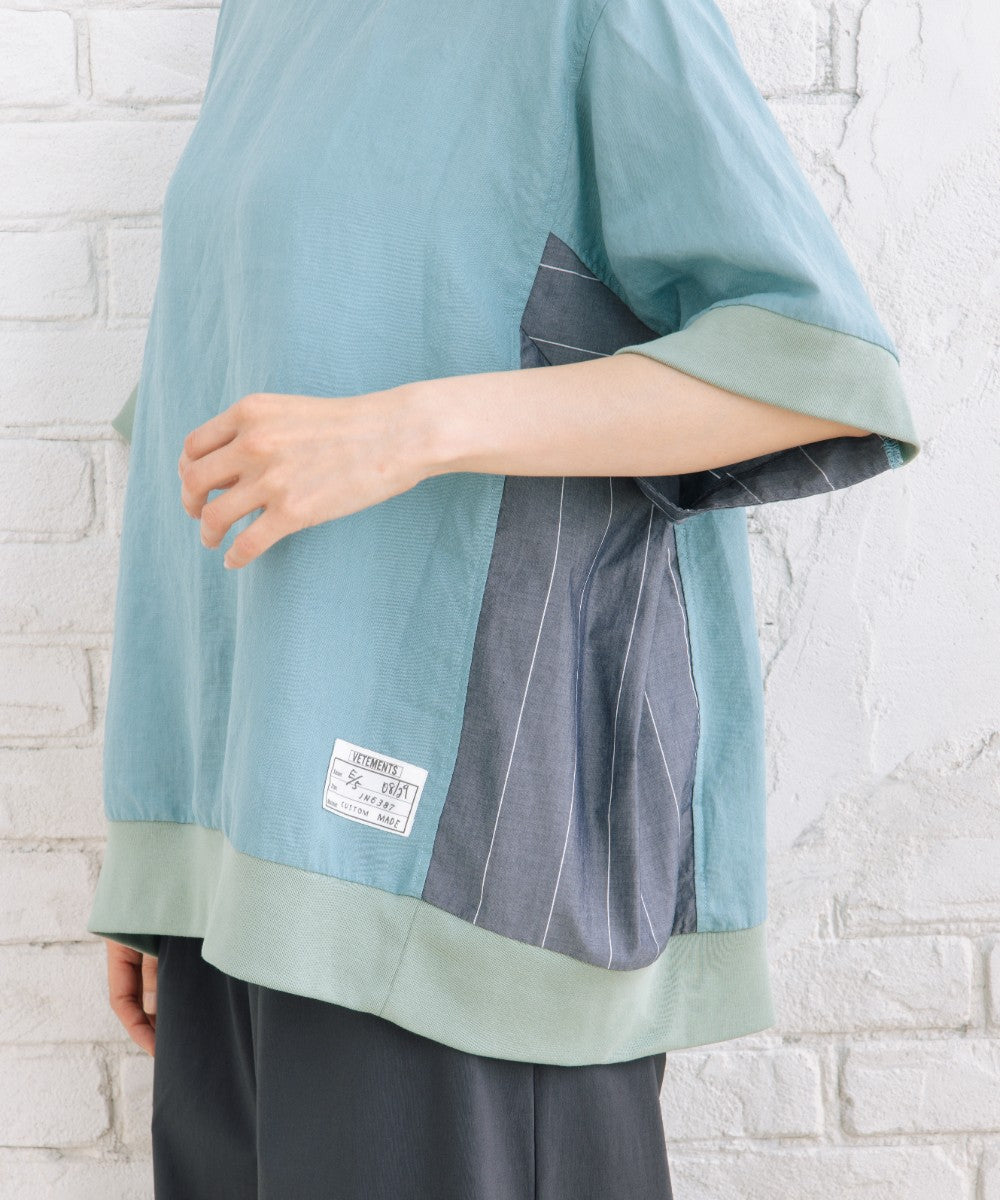 BLANC basque [Rogique]ラミー×ストライプコンビリブブラウス