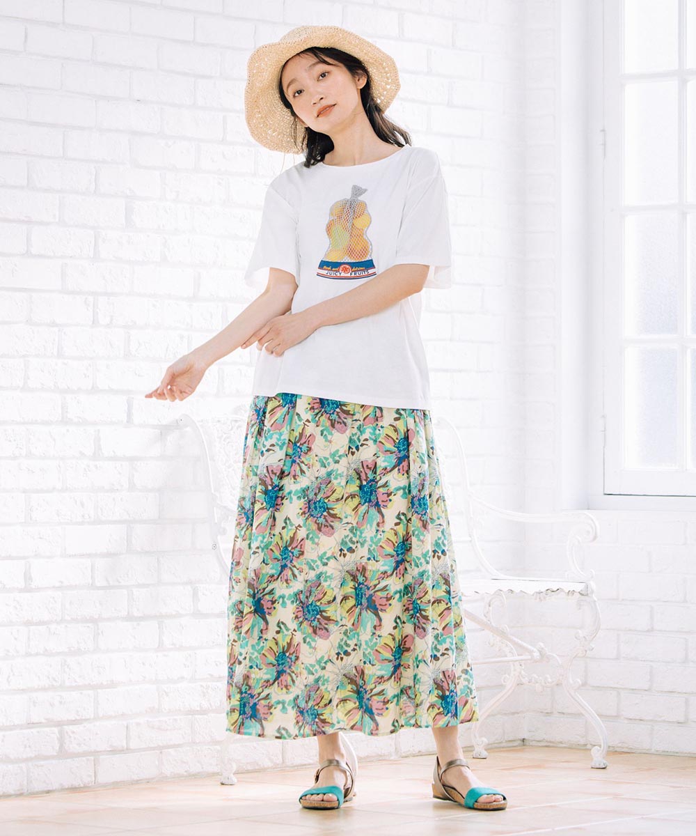 14-1541【大きいサイズ】 9号・15号(M・3L) INDESIGN 水彩フラワープリントスカート
