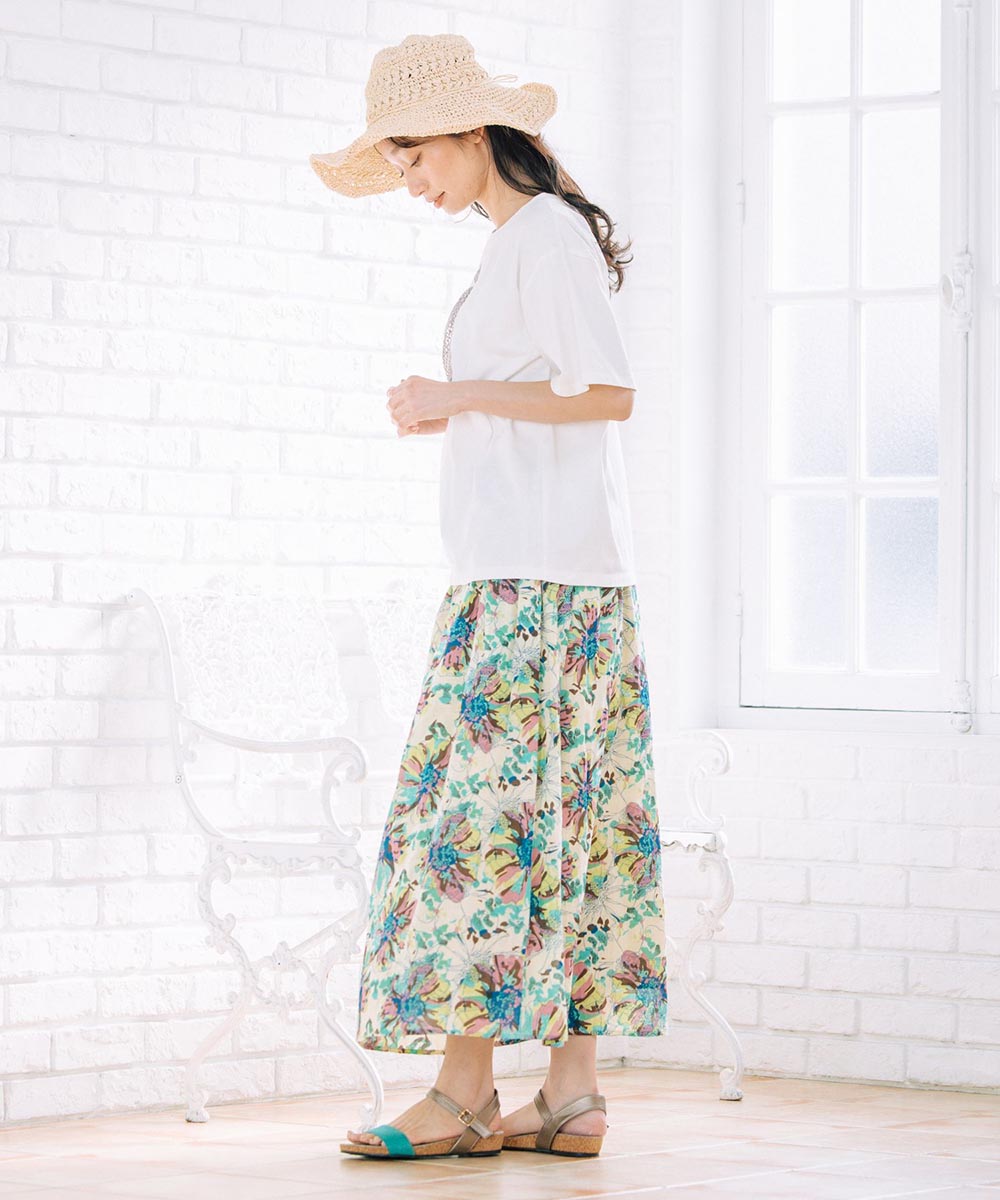14-1541【大きいサイズ】 9号・15号(M・3L) INDESIGN 水彩フラワープリントスカート