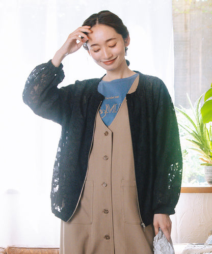 大きいサイズ レディース シアーブルゾン フラワージャカード ジップアップ 袖ドロスト｜sabstreet my standard(サブストリートマイスタンダード)