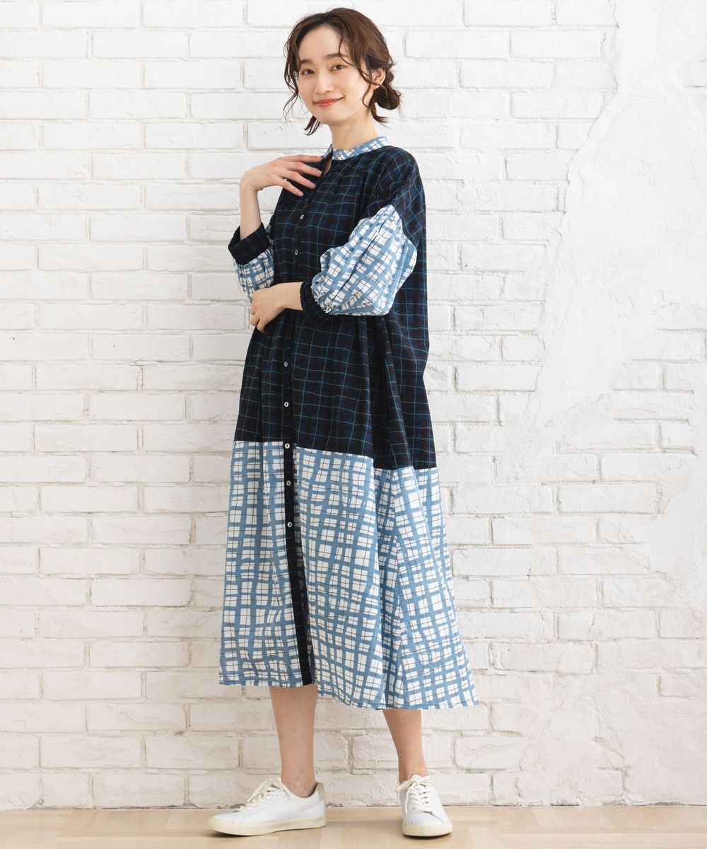 ストライプ＆チェック前開きタックワンピース