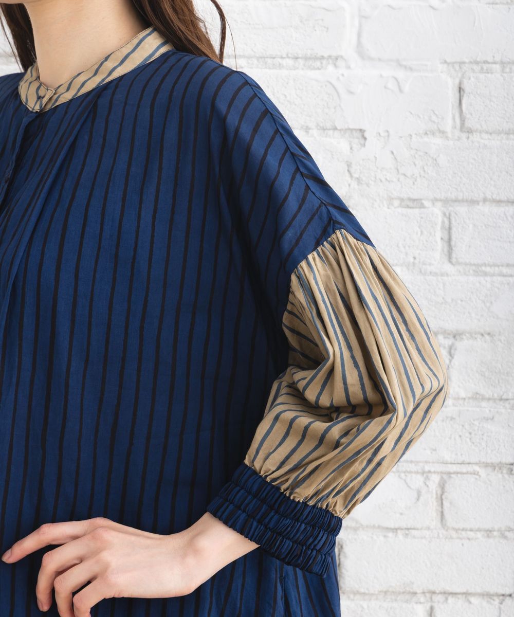 ストライプ＆チェック前開きタックワンピース