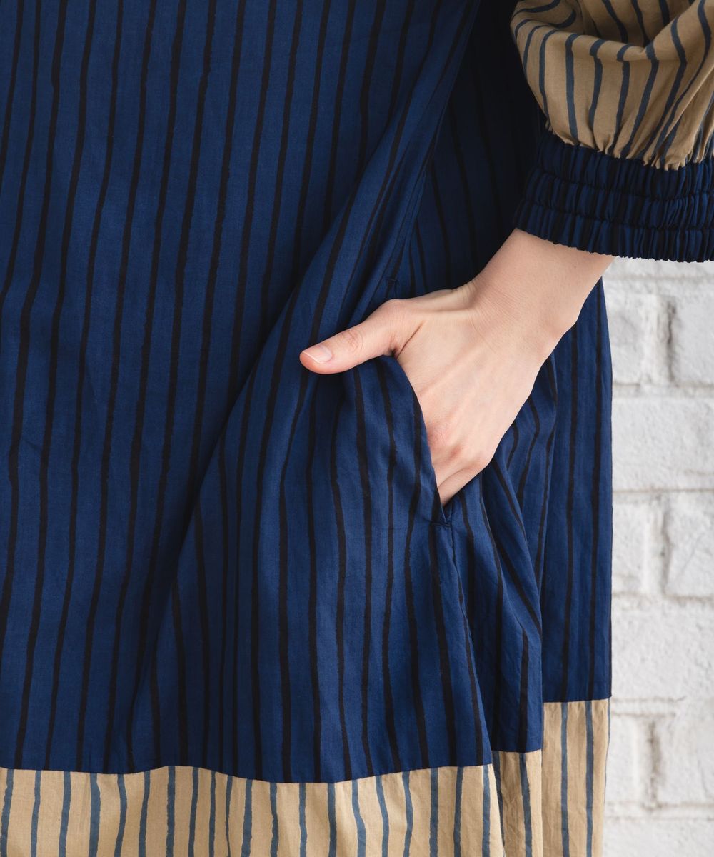 ストライプ＆チェック前開きタックワンピース