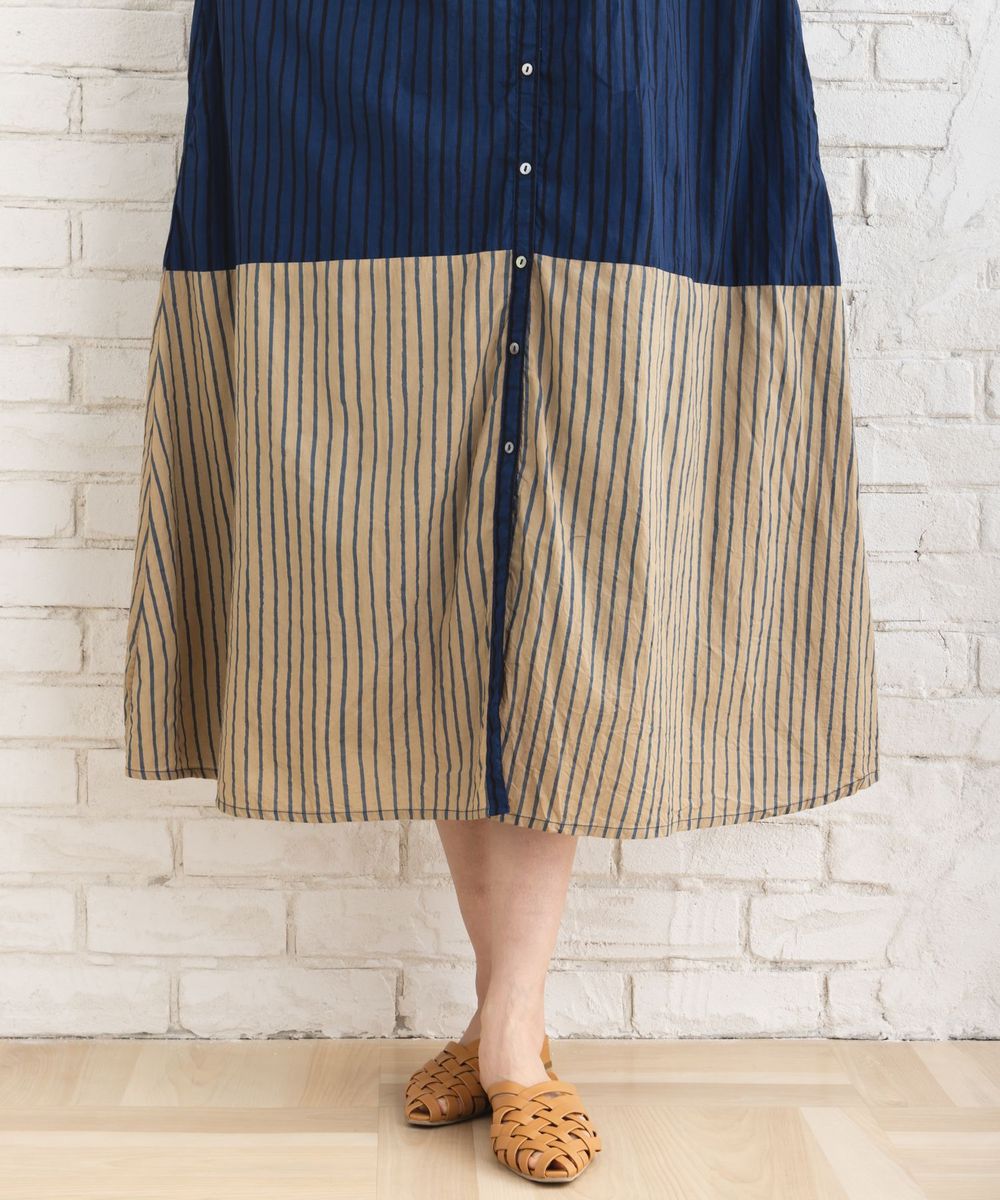 ストライプ＆チェック前開きタックワンピース