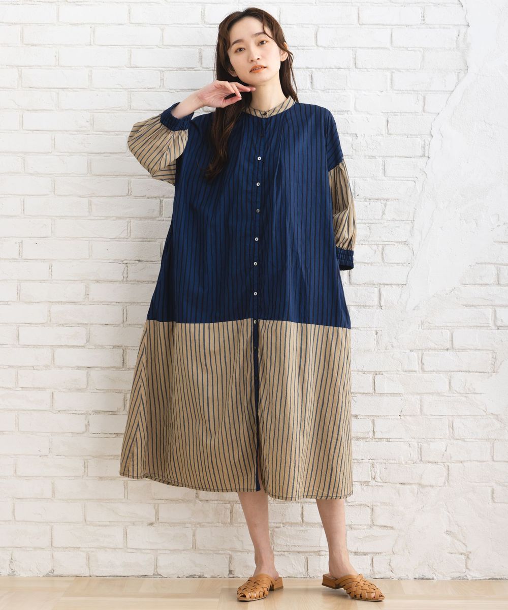 ストライプ＆チェック前開きタックワンピース