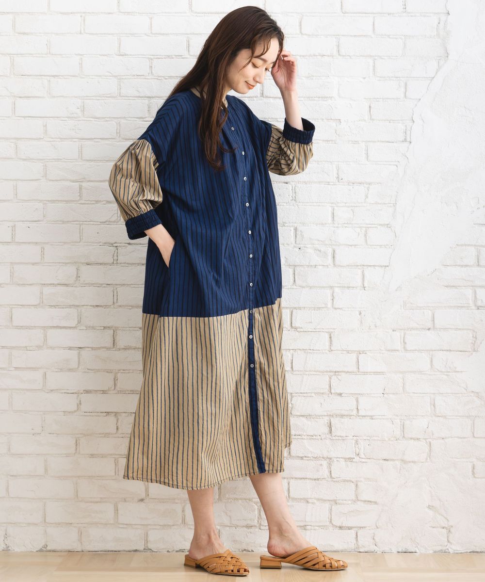 ストライプ＆チェック前開きタックワンピース