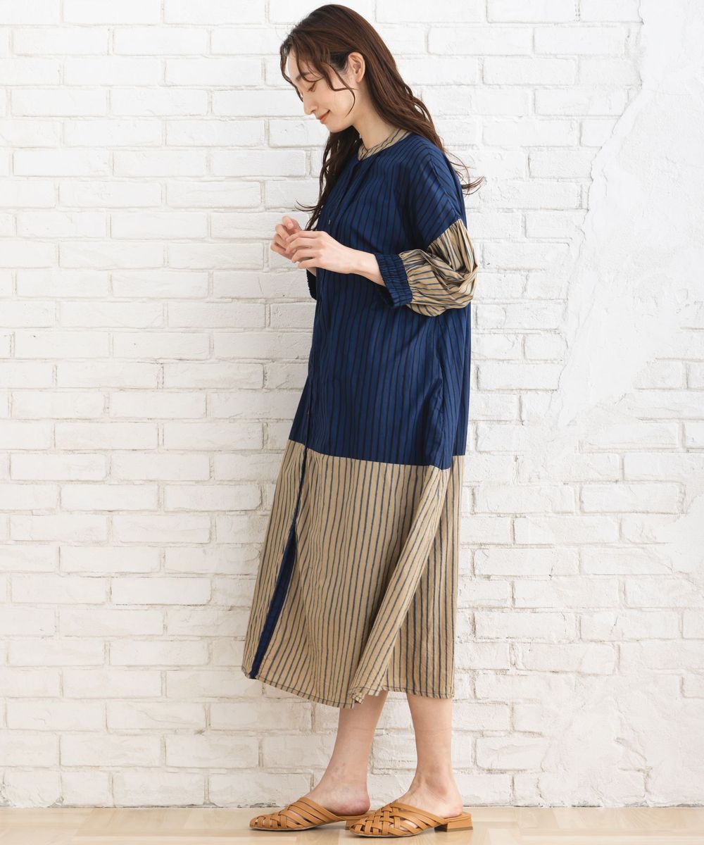 ストライプ＆チェック前開きタックワンピース