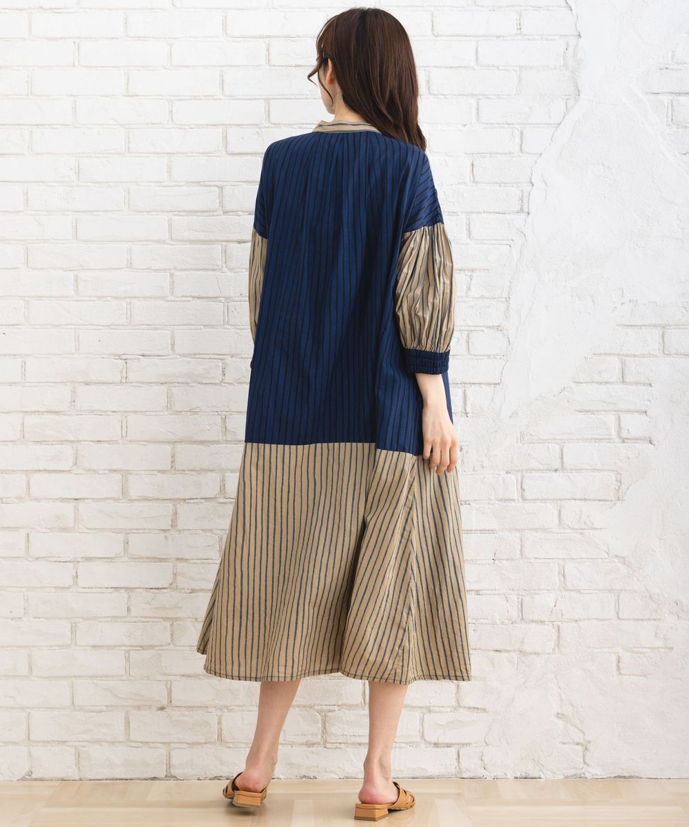 ストライプ＆チェック前開きタックワンピース