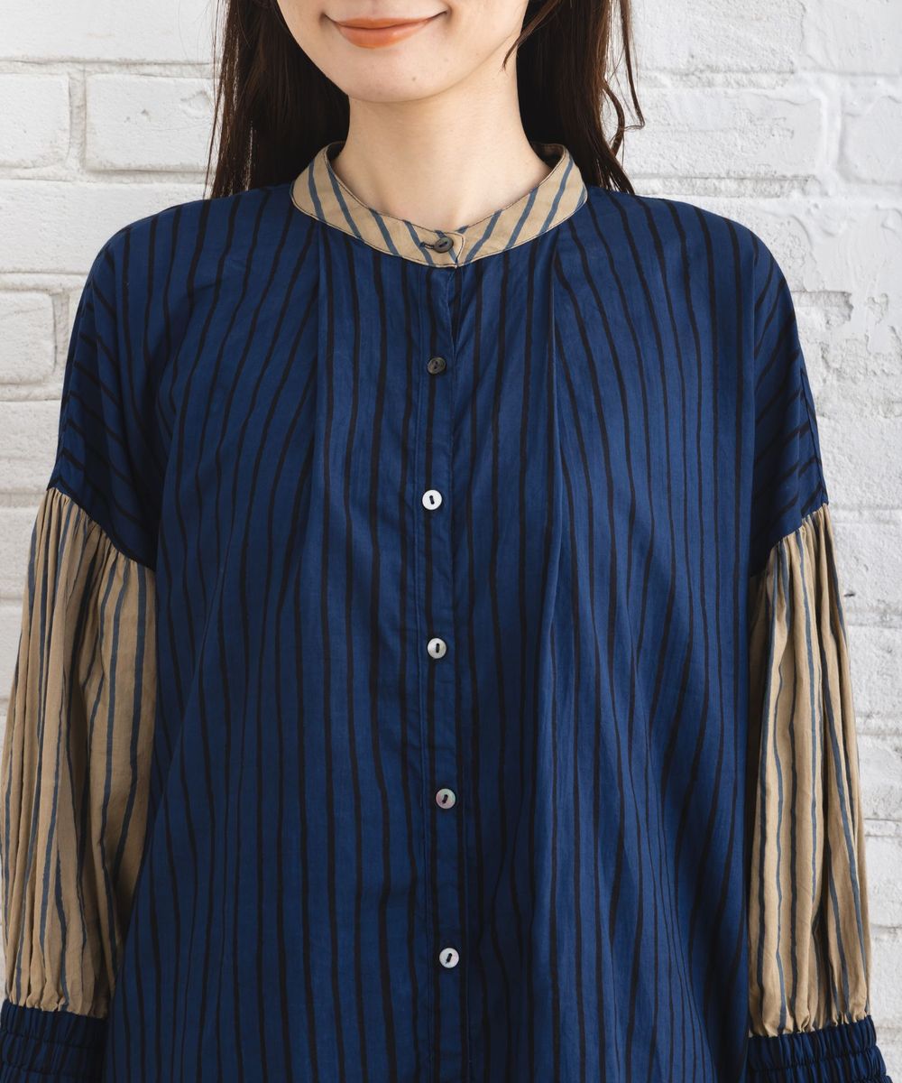 ストライプ＆チェック前開きタックワンピース