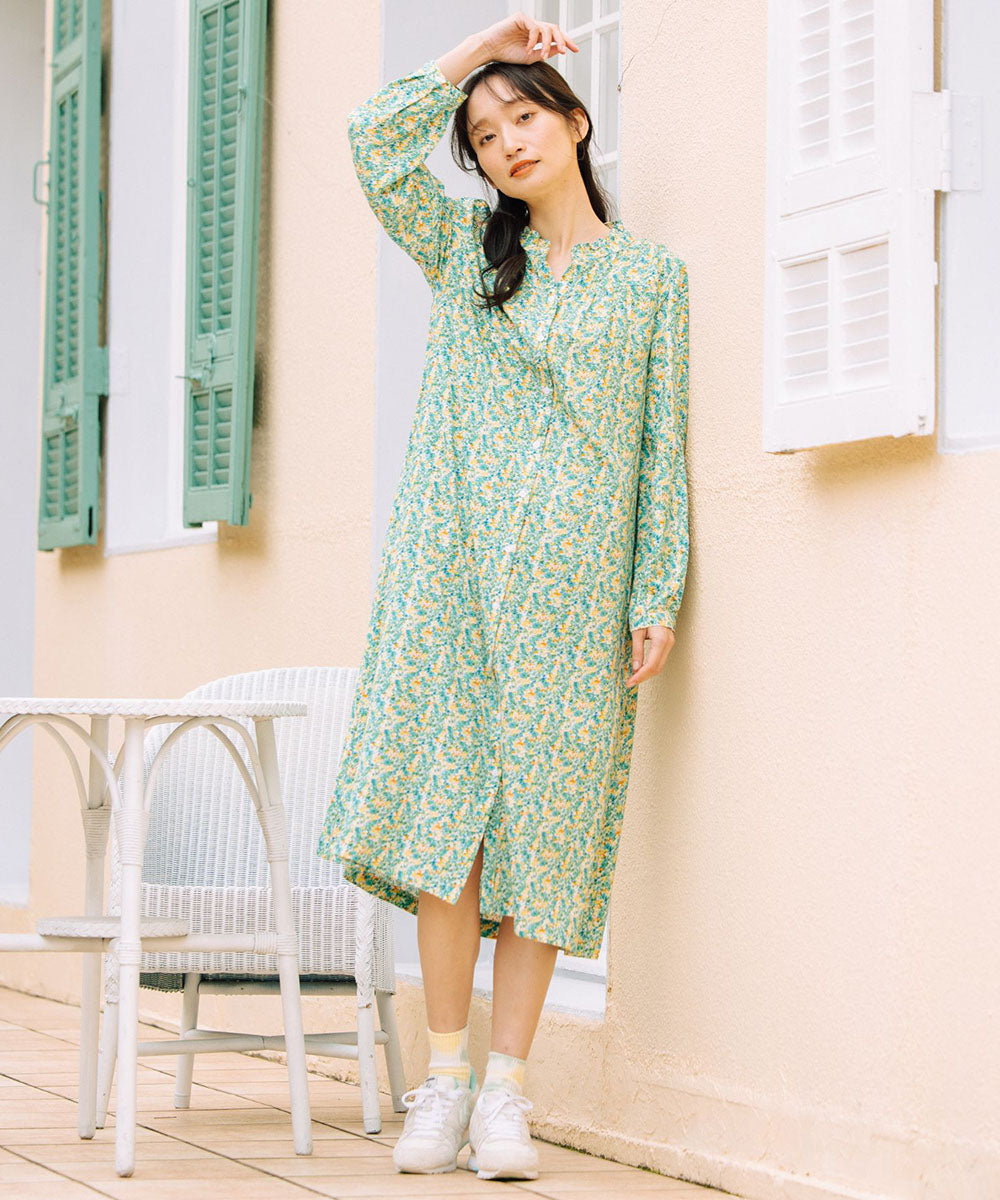 フリルカラーフラワープリントワンピース