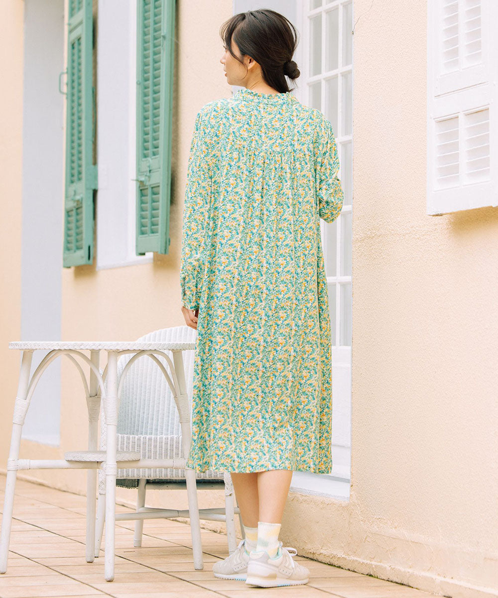 フリルカラーフラワープリントワンピース