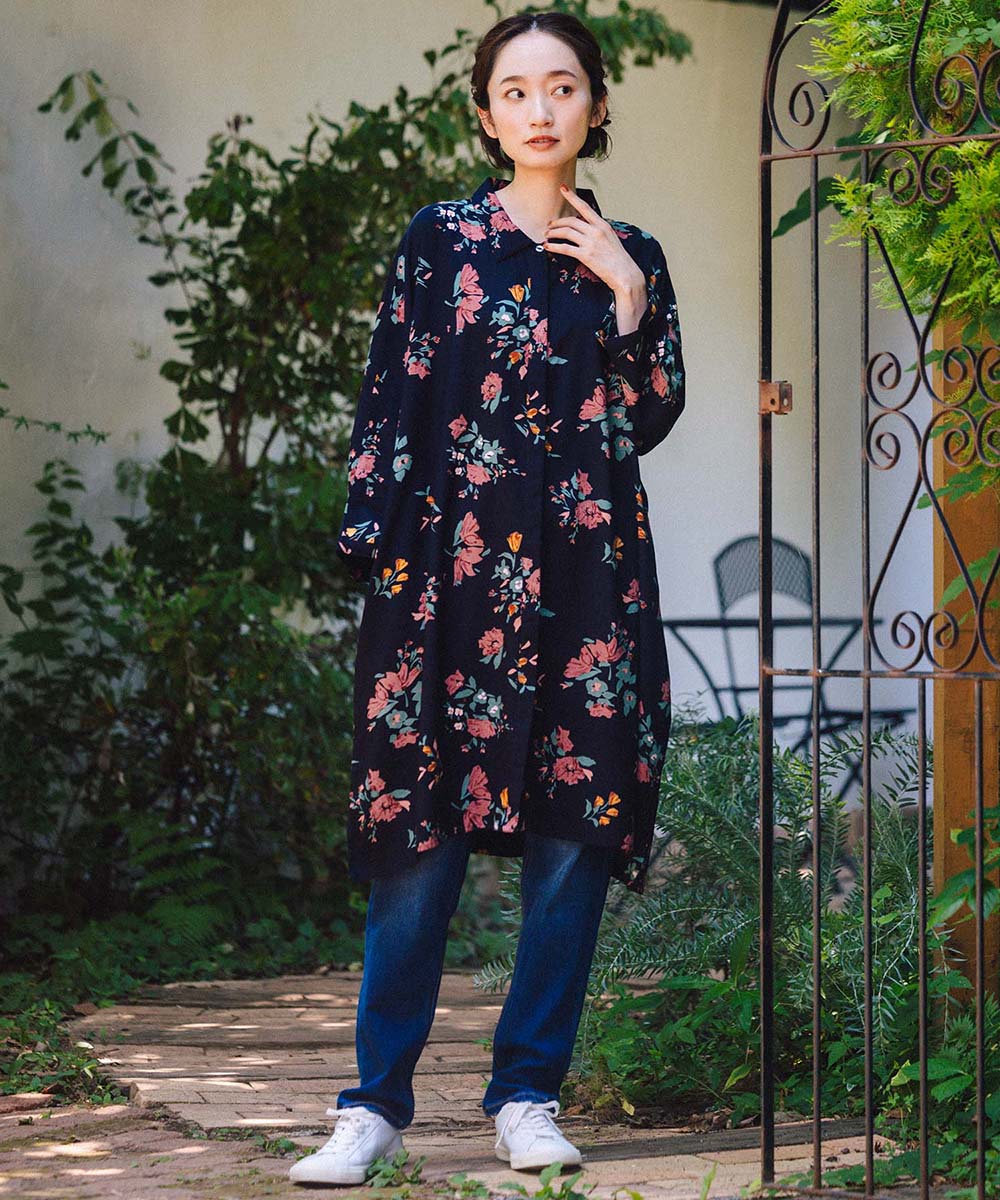 INDESIGN フラワーブーケプリントシャツチュニック