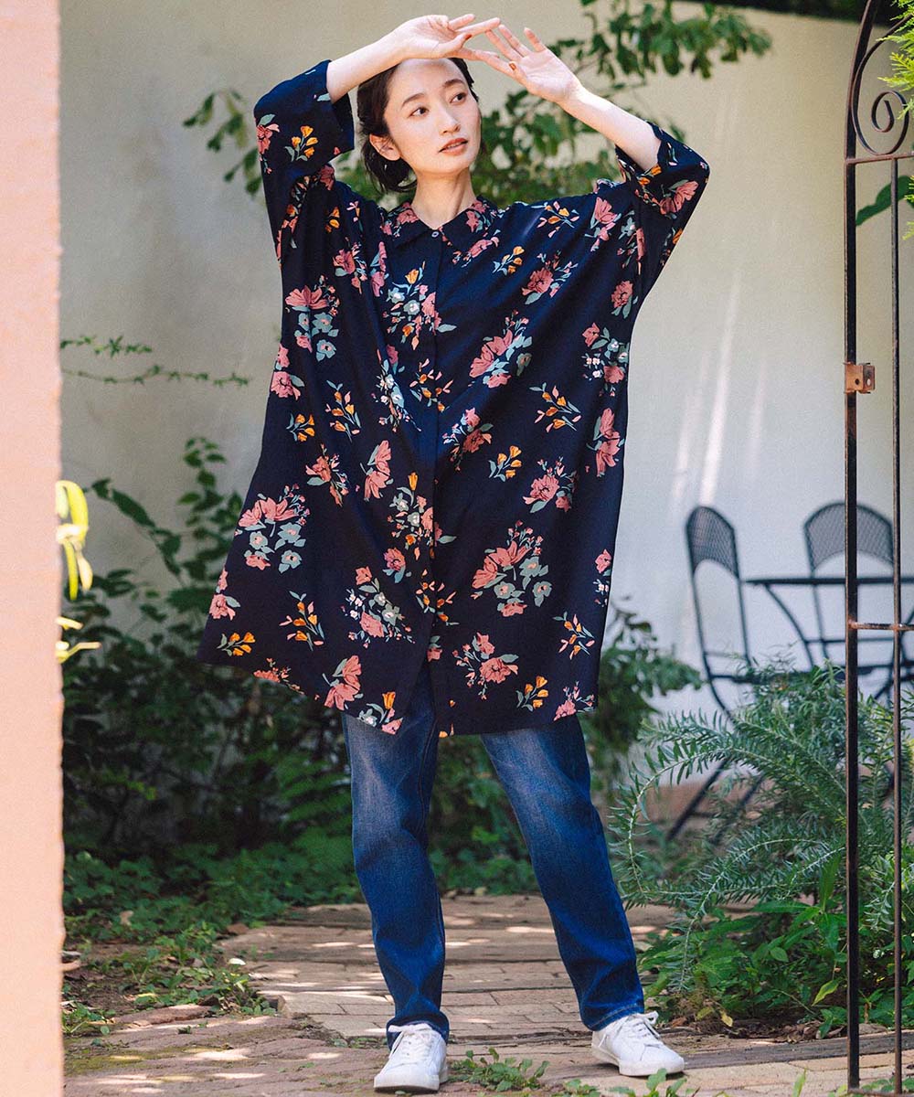 INDESIGN フラワーブーケプリントシャツチュニック