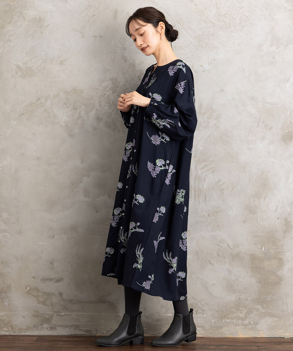 INDESIGN フラワープリントピンタックワンピース