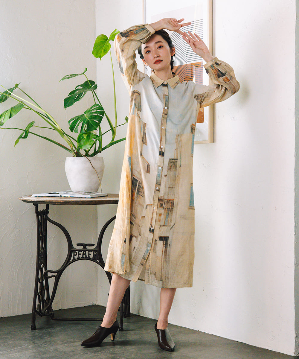 21号(6L～) INDESIGN シティスケープコラージュプリントワンピース