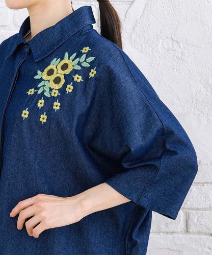 INDESIGN ワンポイントフラワーエンブロイダリーデニムワンピース