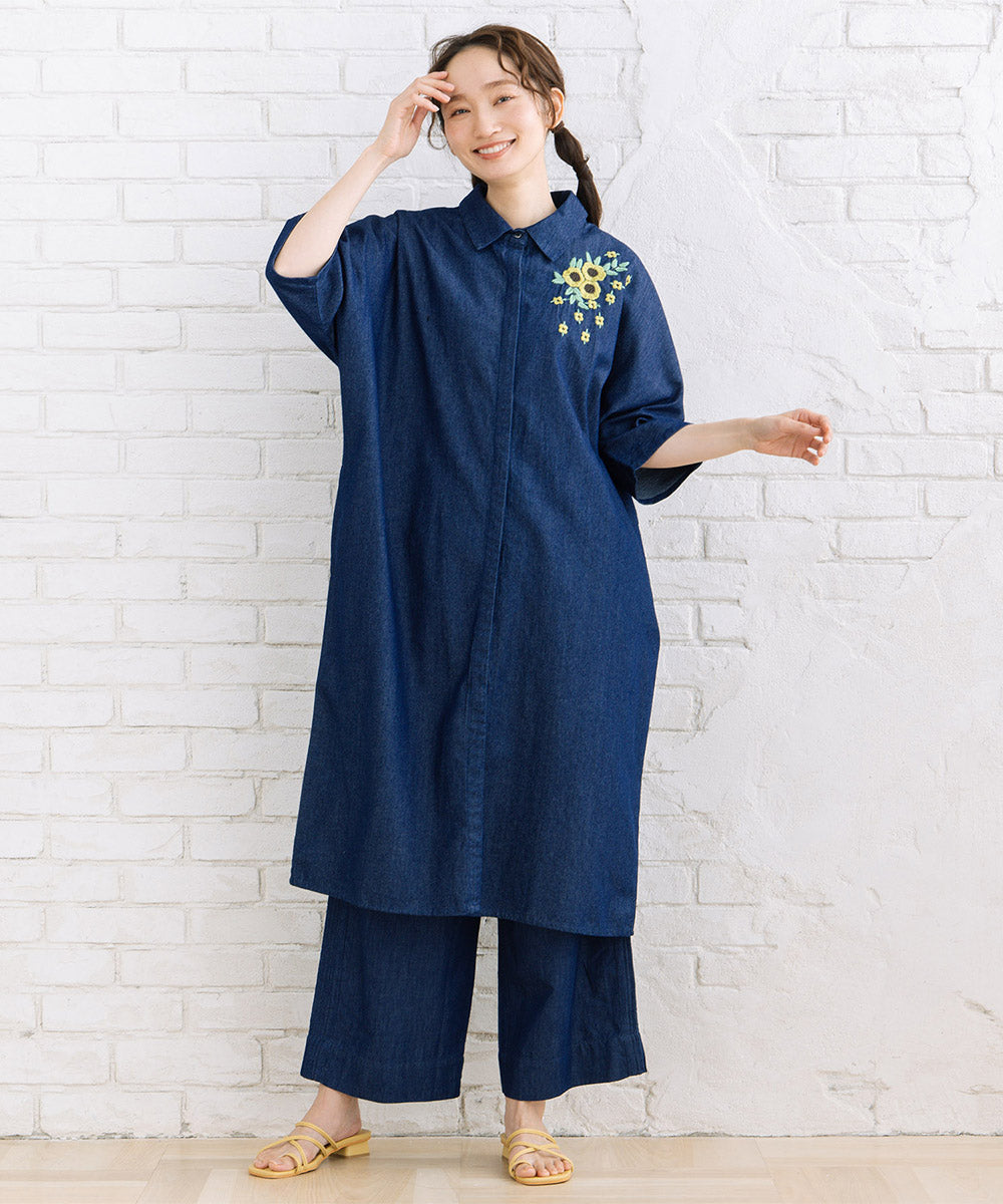 INDESIGN ワンポイントフラワーエンブロイダリーデニムワンピース