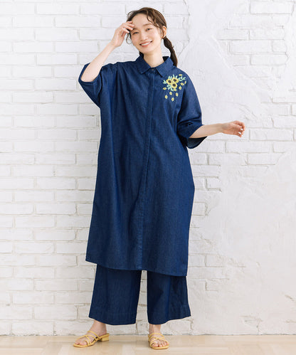 INDESIGN ワンポイントフラワーエンブロイダリーデニムワンピース