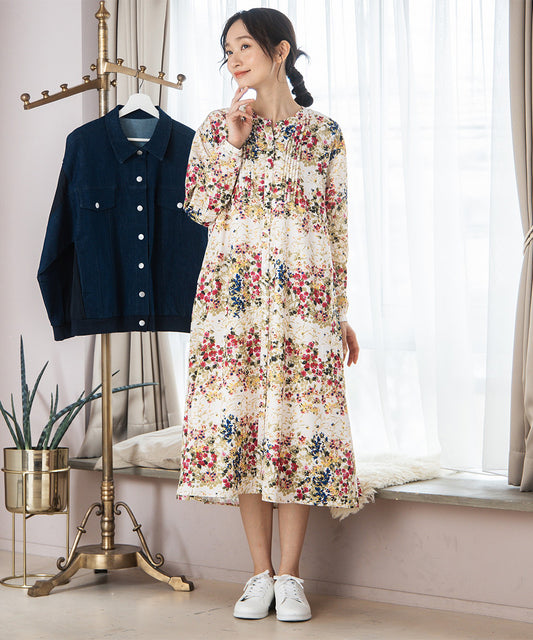 デシンフラワープリントピンタックワンピース