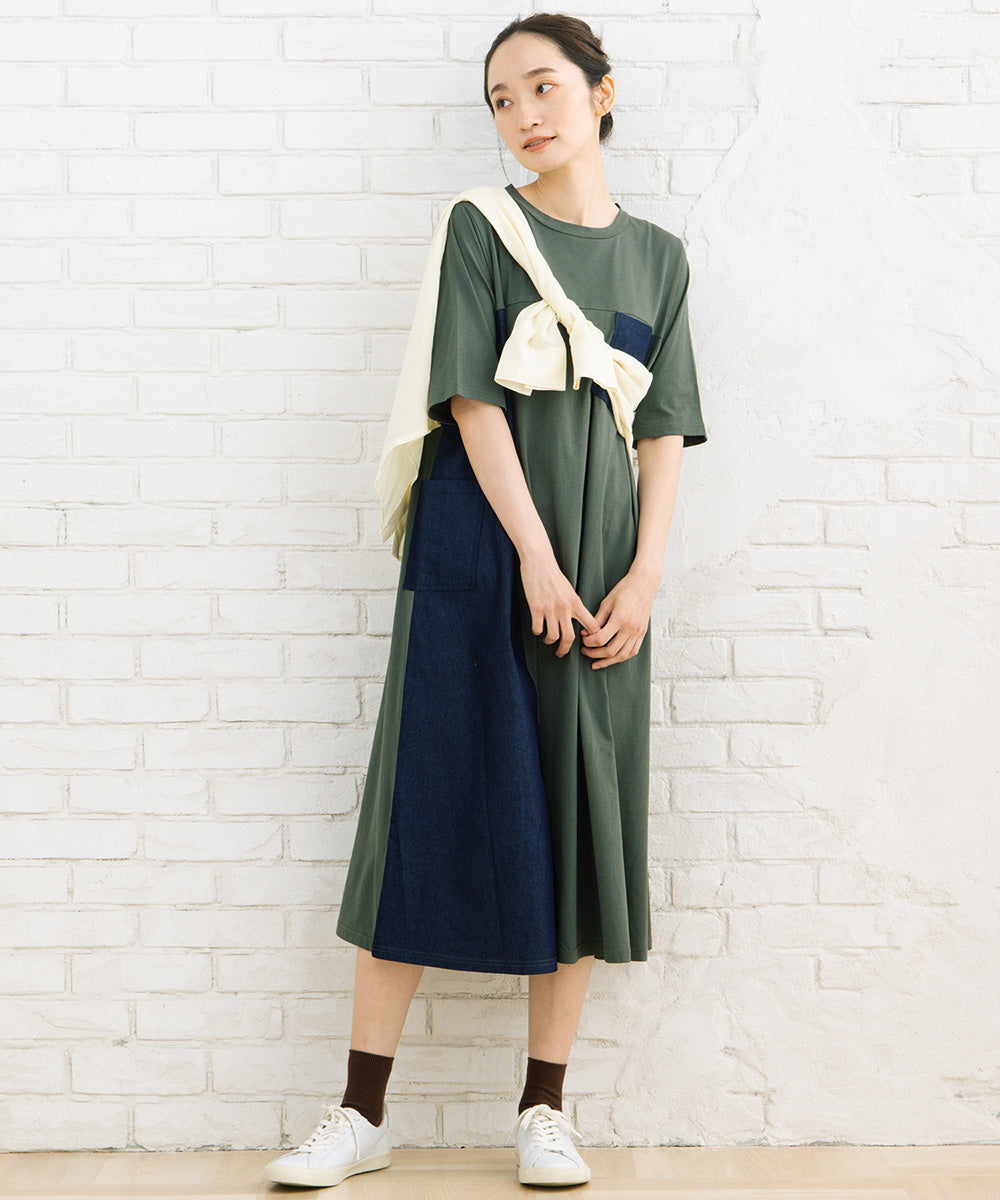 大きいサイズ レディース ワンピース デニムドッキング 異素材 バイカラー｜sabstreet my standard(サブストリートマイスタンダード)