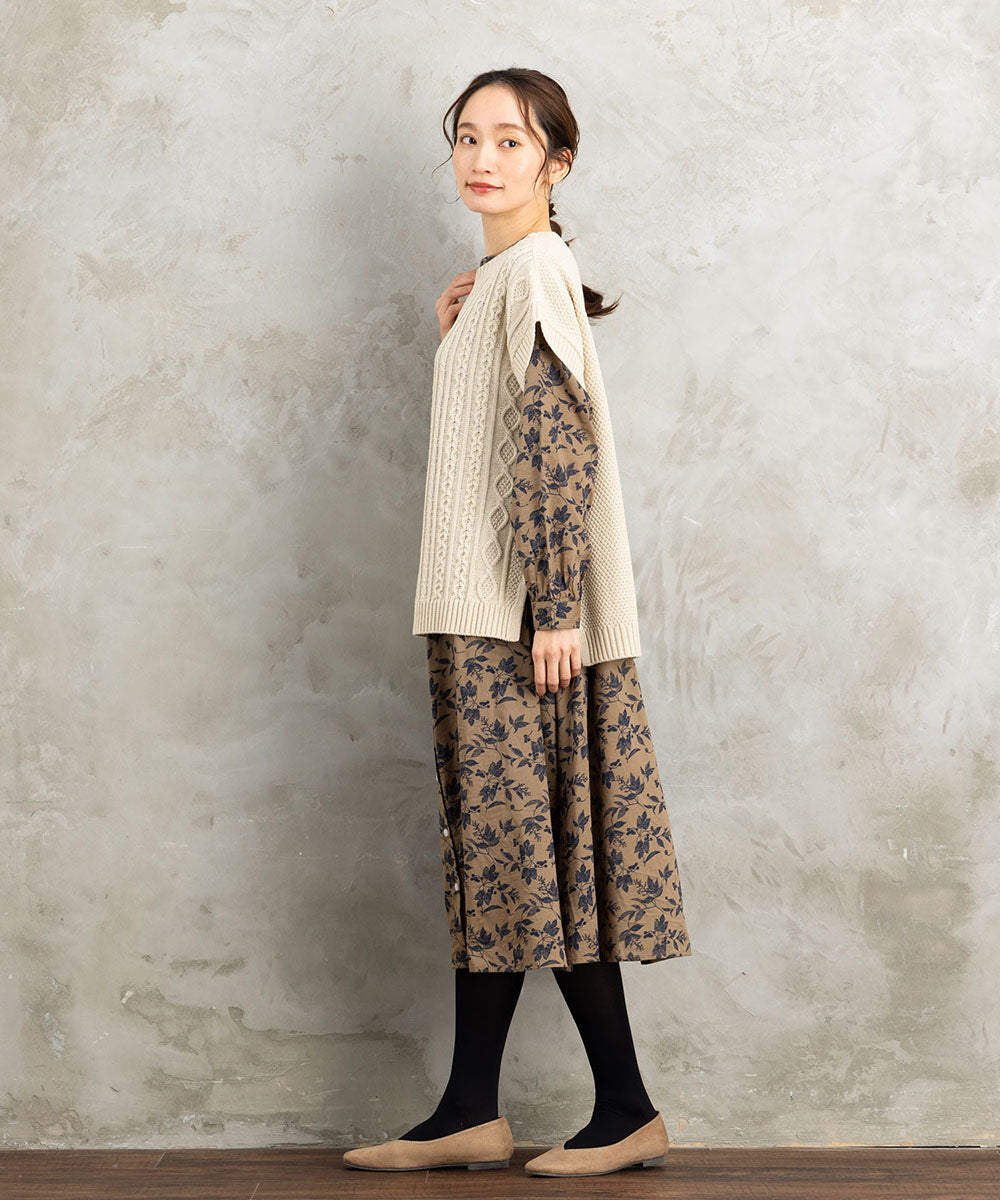 INDESIGN ケーブルニットベスト×ボタニカルワンピースアンサンブル