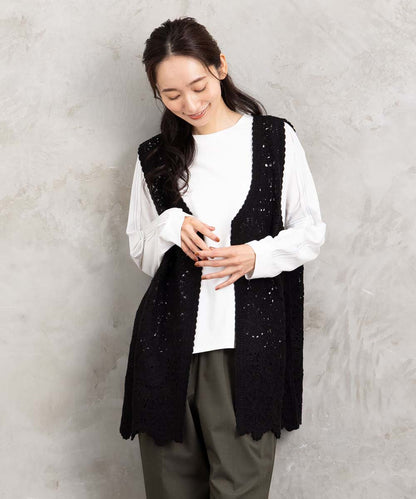 ウール混クロシェレースジレ