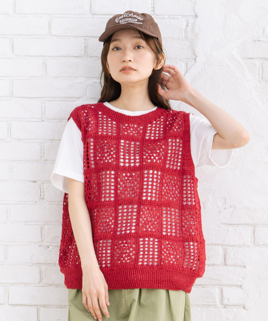 〈MADE IN JAPAN〉【抗菌防臭】ホールガーメントブロックレース柄ニットベスト