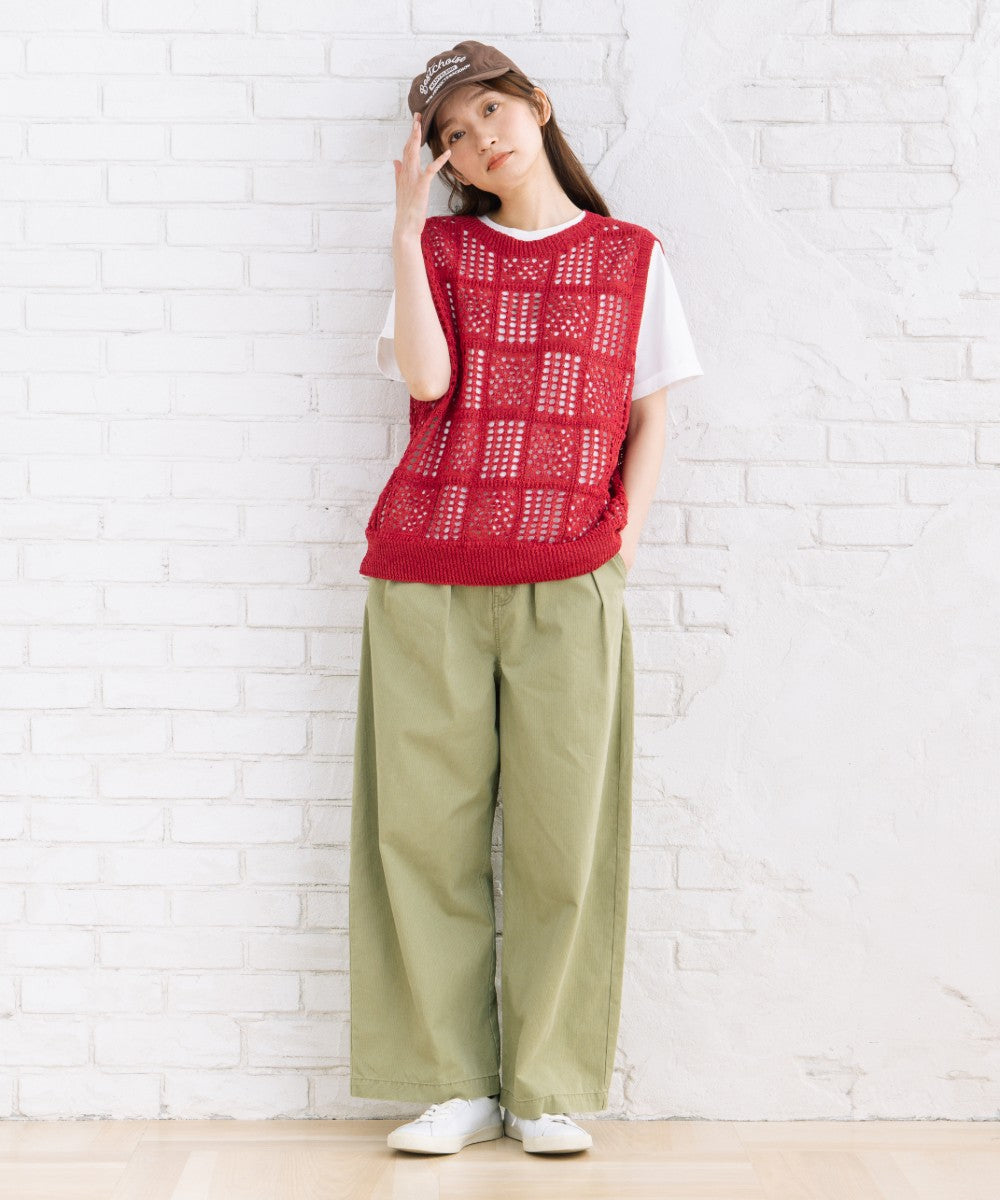 21号(6L～) 〈MADE IN JAPAN〉【抗菌防臭】ホールガーメントブロックレース柄ニットベスト