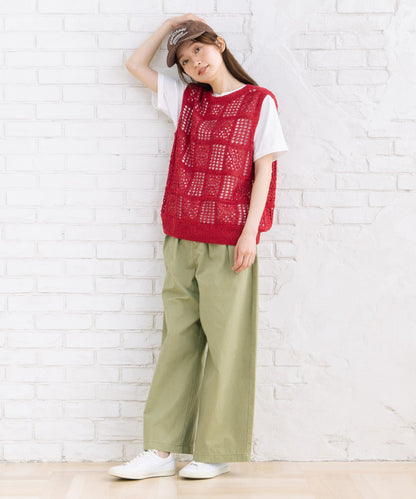 21号(6L～) 〈MADE IN JAPAN〉【抗菌防臭】ホールガーメントブロックレース柄ニットベスト