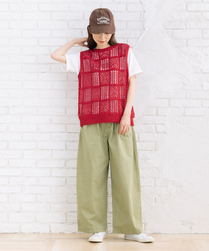 21号(6L～) 〈MADE IN JAPAN〉【抗菌防臭】ホールガーメントブロックレース柄ニットベスト