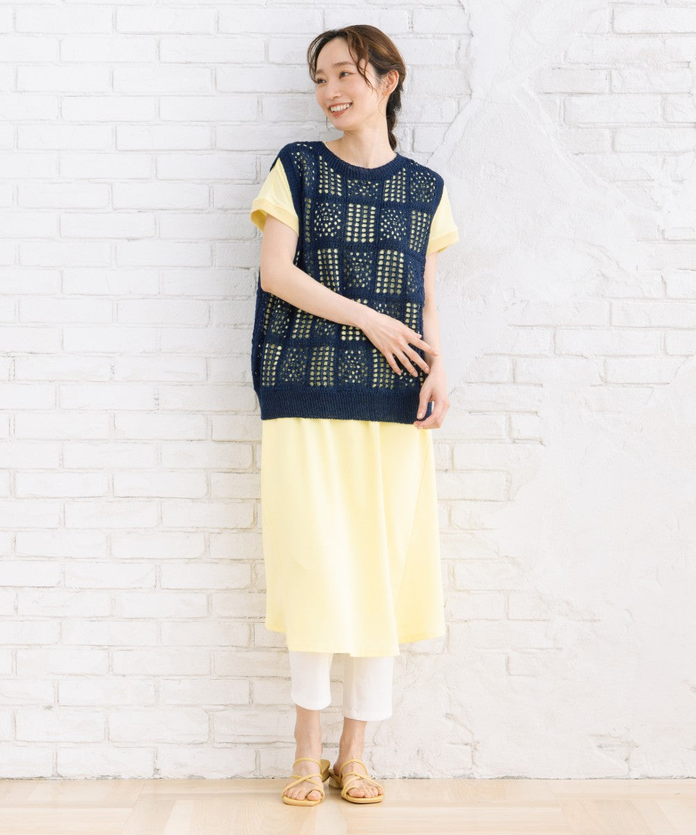21号(6L～) 〈MADE IN JAPAN〉【抗菌防臭】ホールガーメントブロックレース柄ニットベスト