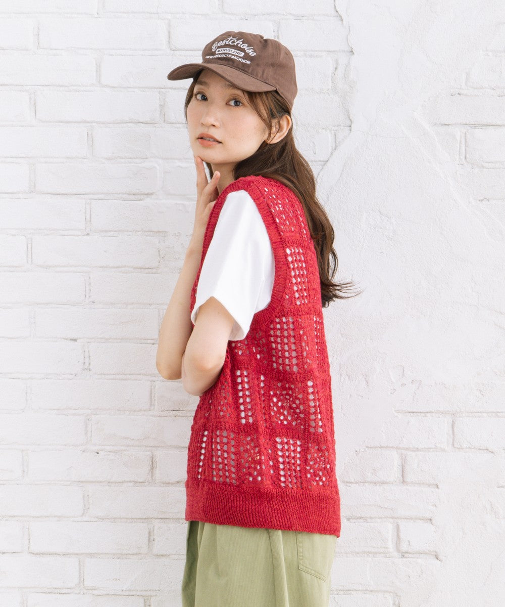 21号(6L～) 〈MADE IN JAPAN〉【抗菌防臭】ホールガーメントブロックレース柄ニットベスト