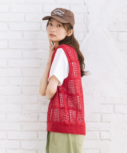 21号(6L～) 〈MADE IN JAPAN〉【抗菌防臭】ホールガーメントブロックレース柄ニットベスト