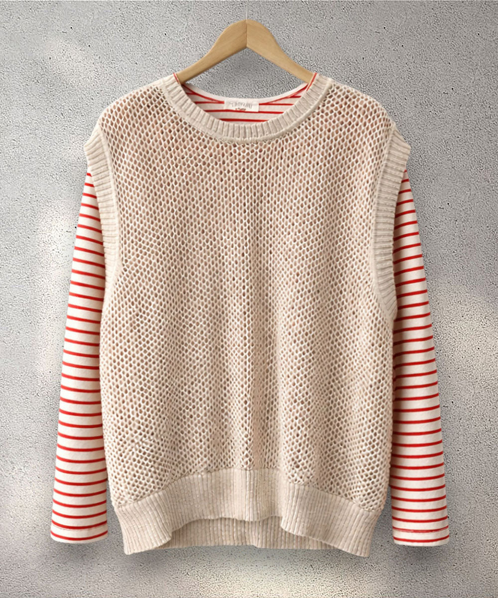 FONTLAB メッシュニットベスト×ボーダーカットソーアンサンブル